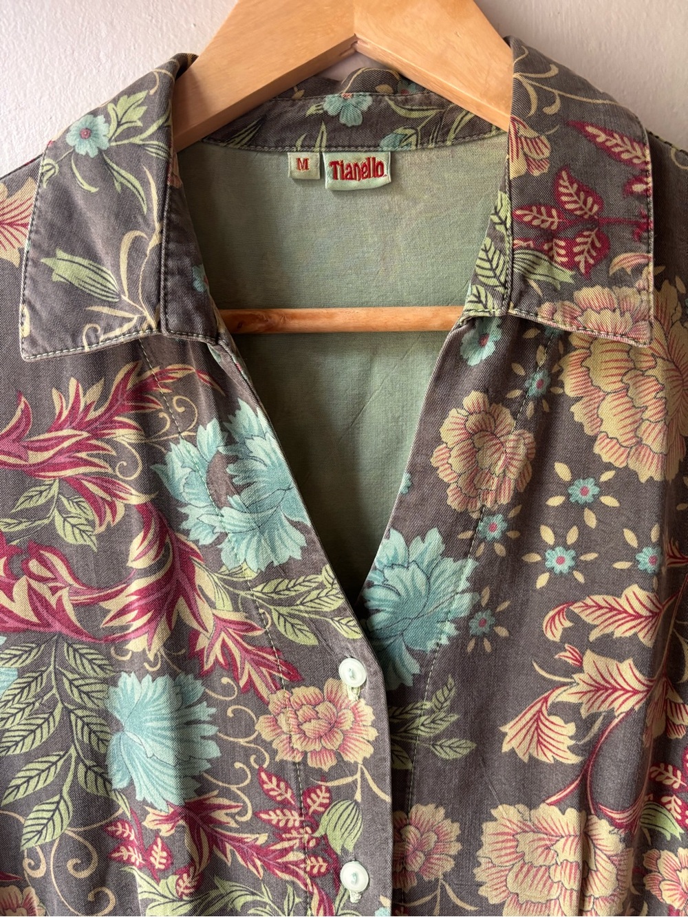Tianello Floral Button Down Shirt M Green Boho Art Botanical Made in USA - Picture 2 of 13